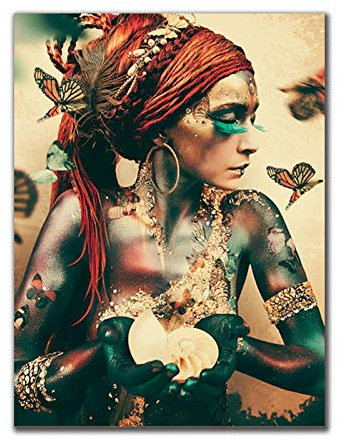 HONGC Druck auf Leinwand Moderne Bunte Mädchen Leinwand Malerei Poster und Druck Afrikanische Frau mit Schmetterling Wandkunst Bild für Wohnzimmer Dekor Malerei 70x100cm/27,5 x39,4 Kein Rahmen