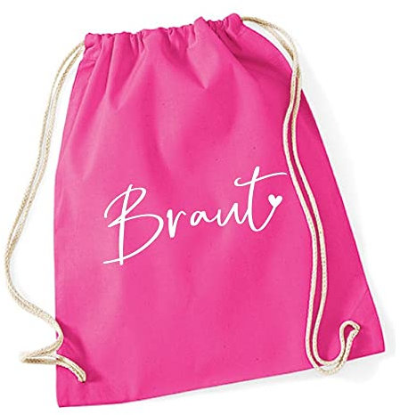 Miss Lovely JGA Turnbeutel Rucksack BRAUT Stofftasche mit Herz für Junggesellenabschied Bride Farben pink & weiß Baumwolle Maße 37 x 46cm