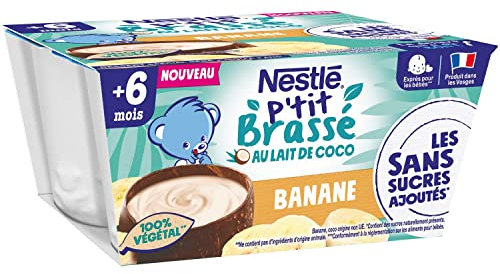 Nestlé Bébé P'tit Brassé Végétal Laitage Lait coco Banane sans sucres ajoutés - dès 6 mois - 4 x 90g (L'emballage peut varier)