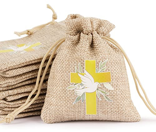 BETESSIN 24pcs Sachet Dragée Jute Pochette Communion Baptême 8x10cm Toile Chanvre Confirmation Sac Poche Bijoux Bonbon Chocolat Cadeau Perle Faveur Décoration Fête Communion