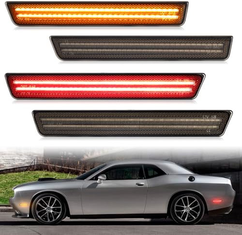 FetonAuto 4PCS LED Seitenmarkierungsleuchten für Dodge Challenger 2015 2016 2017 2018 2019 2020 2021 2022, geräucherte Linse Bernstein rot vorne hinten Stoßstange Lampe