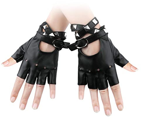 1 Paar Fingerlose Handschuhe aus Leder, Weiches PU Punk Handschuhe Fingerlos Handschuhe Cosplay Schwarzes Rocker Kostüm mit Armband für Halloween Damen Teenager