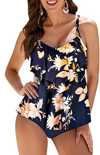 WIN.MAX Femmes Tankini Maillots de Bain Ensembles Taille Haute à Volants Volant 2 pièces Bikini Ensemble Maillot de Bain Grande Taille(Rose Sauvage,EU42)