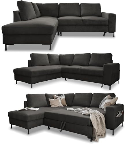 MIUFORM Ecksofa mit Schlaffunktion, Lofty Lilly Wohnlandschaft L-Form, Couch L Form Wohnladschaft mit Schlaffunktion Schlafcouch, Sofa Cord Metallfüße (Grau, Links ausgerichtet)