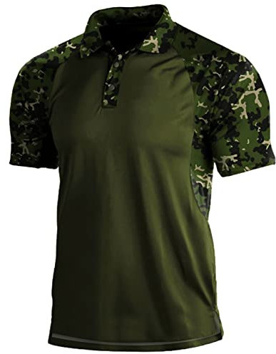Mens Camouflage Outdoor Polo Shirt Short Sleeves Military Tactical Golf T-Shirts Athletic Moisture Wicking Casual Tees(Army Green,Large)