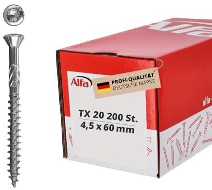 200x Alfa Fassadenschraube 4,5 mm x 60 mm – Aus Edelstahl mit Linsenkopf | Profi-Qualität - Für Terrassen und Fassaden - Spanfreies versenken dank Zierkopf - Erhöhtes Bruchdrehmoment
