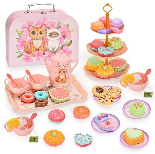 Service à Thé pour Enfants, 46 Pièces Enfants Tea Party Jeux de Rôle, Jeux de Rôle Princesse Jouet Cuisine, avec Sachets de Thé et Tranches de Citron, pour Jouets Fille 3 4 5 6 7 8 Ans Idées Cadeaux