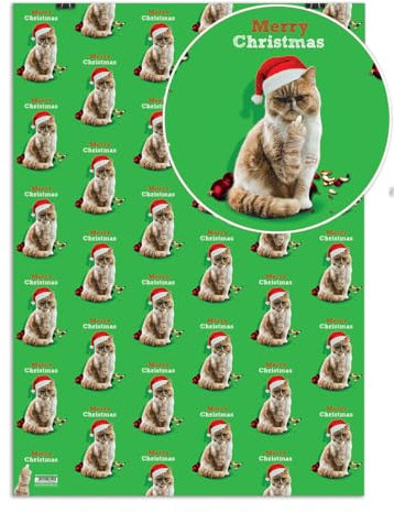 Brainbox Candy - 2 Bögen freches Geschenkpapier mit Aufschrift Merry Christmas Cat Finger – lustiges Katzen-Thema, Weihnachtsgeschenkpapier für Ihn, Herren, Damen, Freunde, – gefaltete