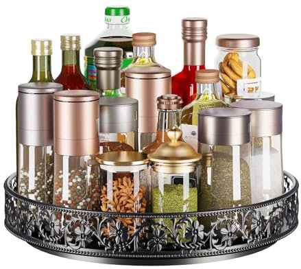 HISKIWUU Lazy Susan Turntable Organizer, 13 inch Large Rotating Spice Rack Lazy Susan for Dining Table Top Cabinet Countertop Pantry Kitchen Cupboard Bathroom Black