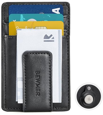 BEWMER Portafoglio con Slot per AirTag e Fermasoldi | Porta Carte di Credito Donna e Uomo con Clip Magnetica per Banconote in Ecopelle | Contiene Fino a 8 Carte