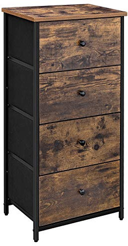 SONGMICS Chest of Drawers Bedroom, Drawer Storage Unit, Dresser with 4 Fabric Drawers, Metal Frame, Tall and Slim, for Closet, Rustic Brown and Ink Black LGS04H