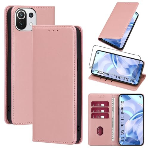 Vauki Hülle Leder für Xiaomi 11 Lite 5G NE/Mi 11 Lite 4G/5G Handyhülle mit 1 Schutzfolie, Standfunktion Kartenfach Wallet Schutzhülle Flip Case Cover Stoßfeste Klapphülle 6.55,Rose-Gold