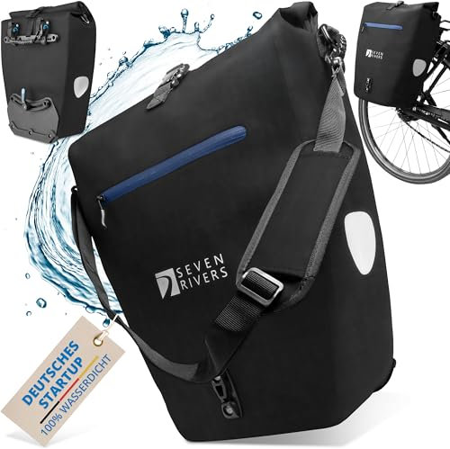 SEVENRIVERS 2in1 Fahrradtasche Gepäckträgertasche wasserdicht 100% PVC frei + Laptopfach + Schultergurt – Fahrrad Tasche für Gepäckträger (Schwarz)