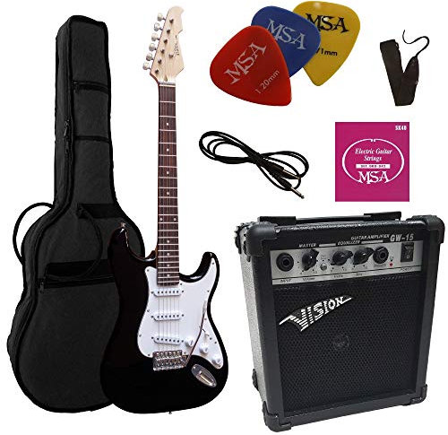 4/4 guitare electrique noir mat, Ensemble avec amplificateur 20 watts, sac, cordes, plectre
