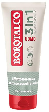 Borotalco, Dusch-Shampoo für Herren, 3-in-1, Körper, Haare und Bart, Duft Moschus, Körper, Haare und Bart sauber, weich und duftend, dermatologisch getestet – 200 ml