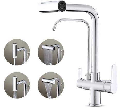 KEOKBON 3 Wege Wasserhahn Küche mit Brause Ausziehbar 4 Modus, 3 in 1 Küchenarmatur 360° Schwenkbar, 2 Hebel Spültischarmatur für Wasserfilter, Herausziehbarer Mischbatterie, Chrom