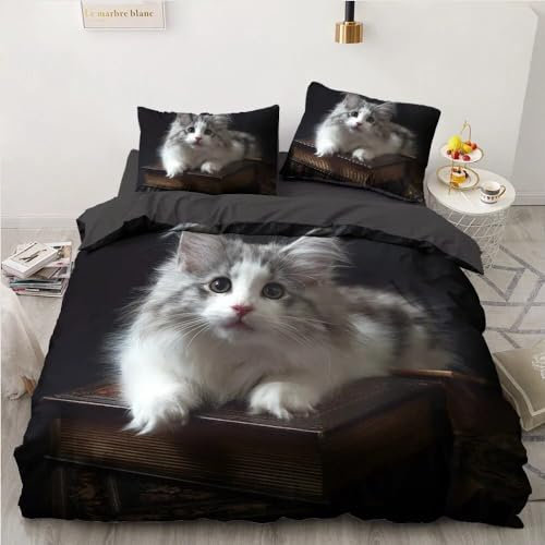 NDXRWDZR Bettwäsche 155x220 WeißE Chinchilla-Katze Bettwäsche-Set mit Reißverschluss Schließung für Kinder Weicher Atmungsaktive Mikrofaser Bettbezug + 2 Kopfkissenbezug 80x80 cm