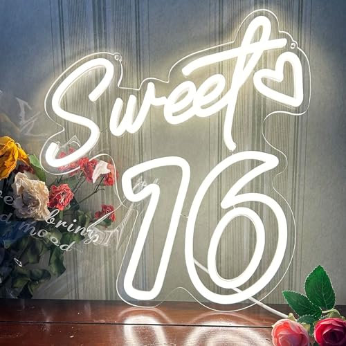 Sweet 16 Neonschild für Wanddekoration, personalisierbar, 16 LED-Lichter, süßes Mädchen, Schlafzimmer, Happy Birthday, Party, Wanddekoration, Partygeschenk, Warmweiß