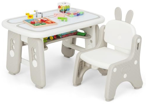 COSTWAY Kids Table and Chair Set, Toddler Activity Table with Flip-Top Tabletop, Erasable Magnetic Drawing Board, Storage, Adjustable Height Children Furniture Set for Playroom Nursery