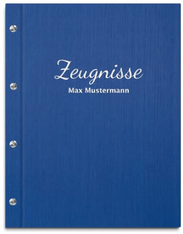 Handgefertigte Zeugnismappe mit eigenem Namen in blauer Leinenoptik – inkl. 12 Sichthüllen – Mappe für Zeugnisse und Urkunden