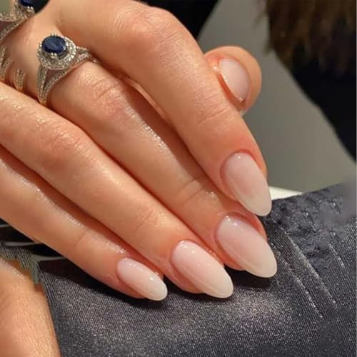 Goiern Lot de 24 faux ongles pour femme, courts, brillants, en amande, rose/blanc/ombré, en acrylique, avec motifs