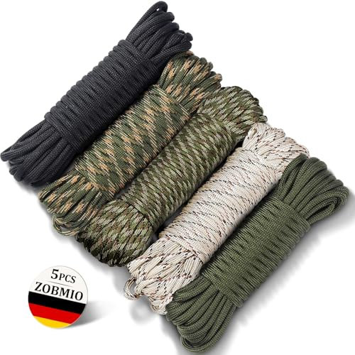 ZOBMIO Corda, Set di 5 Paracord, 5 Colori Paracord Militare, Paracord 550 è Realizzato in 100% Nylon Ad Alta Resistenza, Può Contenere Fino a 250 Kg, Ideale per Il Campeggio
