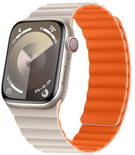 HITZEE Compatible con Correa Apple Watch 49/46/45/44/42/41/40/38mm, Correas Magnética Silicona Suave Compatible para iWatch Ultra 2 Serie 10 9 8 7 SE 6 5 4 3 (38/40/41/42, Blanco Estrella/Naranja)