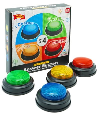 Gelabur Juego de 4 zumbadores para juegos de trivia, zumbadores de respuesta para aula, zumbador de peligro de peleas familiares, zumbadores de juego con luces y sonido para aula, botones de zumbador