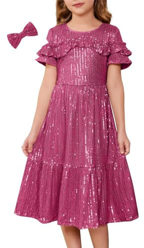 GRACE KARIN Sequin Dress for Girls 12 Years Old Short Ruffle Sleeve Prinzess Dress A-Line Midi Tiered Gold Party Formal Dress Rose Pink 10-12 Years
