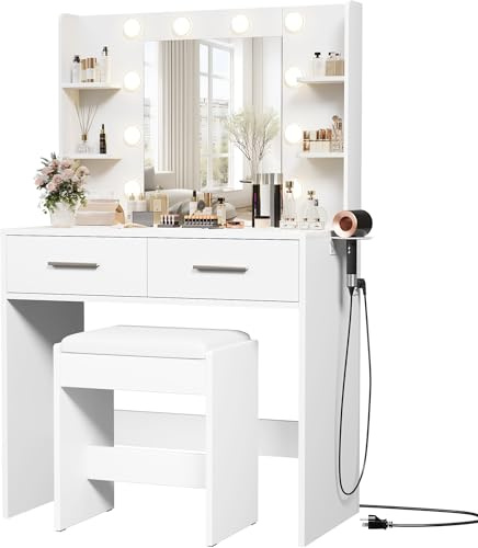 Furmax Make up Vanity Desk with Mirror and Power Outlet, Vanity with 3 Color Light Options Adjustable Brightness,Vanity Desk with 2 Drawers, 6 Storage Shelves (White, with Bench)