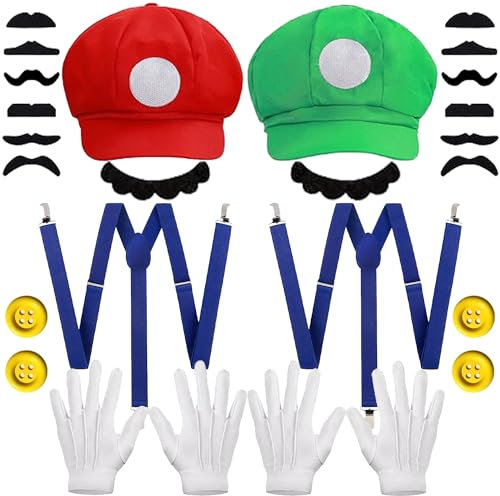 WELLXUNK Mario Luigi Kostüm Accessories, Mario und Luigi Mütze, Su-per-Mario Luigi Kostüm mit Kappen Schnurrbärte Handschuhe Knöpfe, Erwachsene Outfit für Weihnachten Karneval Faschingskostüme