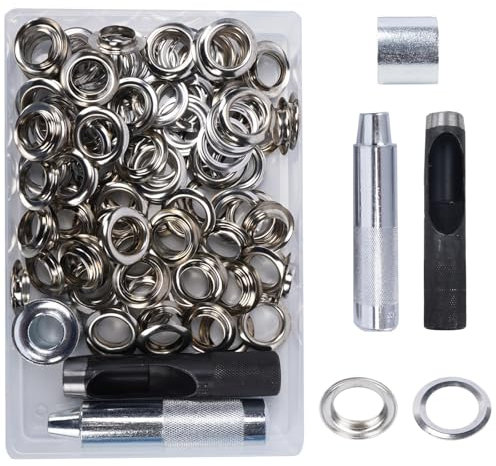 Luabue Lot de 200 œillets de 17 mm - Kit de réparation d'œillets en métal et poinçon pour tissus, cuir, bâches, rideaux, bricolage et décoration