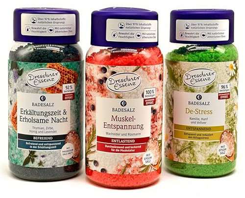 3er Pack Dresdner Essenz Mischung Badesalz De-Stress, Muskel-Entspannung, Erkältungszeit & Erholsame Nacht 3 x 600g