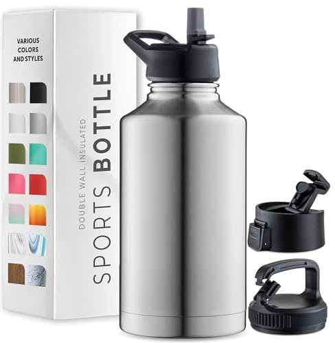 Triple-Walled Insulated Stainless Steel Water Bottle with Straw – 1888ml Large Capacity – 3 Leak-Proof Lids for Hot & Cold Drinks – Ideal for Travel, Camping, Hiking, Gym (Brushed Stainless Steel)