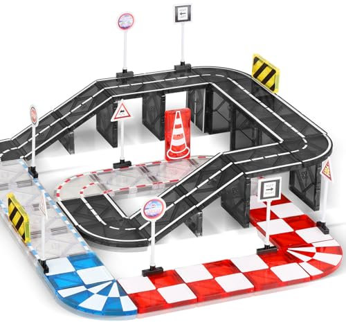 Magnetic Tiles Road Set, STEM Racing Track Expansion Pack Magnetic Building Blocks for Kids Age 3+, Christmas Birthday Gifts for Boys Girls