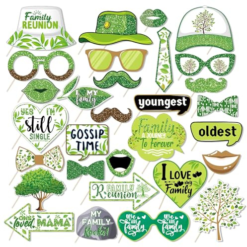 30Pcs Family Reunion Photo Booth Props with Stick, Birthday Theme Selfie Props, Party Supplies, Photography Backdrop Decorations