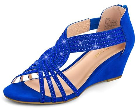 PIZZ ANNU Sandalen Damen Glitzer Strass Sandaletten mit Keilabsatz Reißverschluss Plateau Sommer Frauen Schuhe Keilsandalen Elegant Bequem Sommerschuhe Blau EU 40