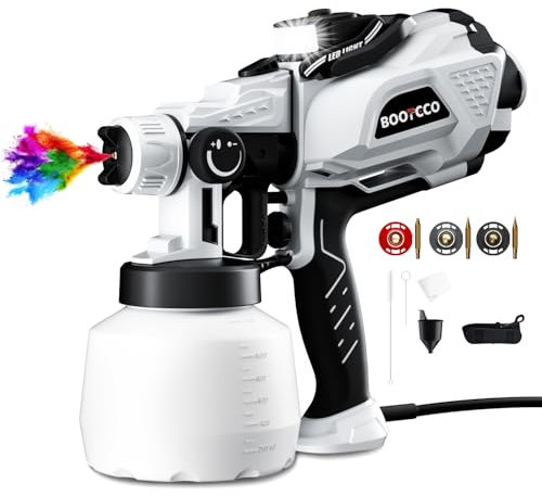 Pistola a Spruzzo con Luce LED per Vernice HVLP 650W, Serbatoio 1200ml, Gancio e 3 Ugelli in Rame – Per Verniciatura Fai-da-Te, Mobili, Pareti e Soffitti – Grigio