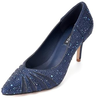 ERIJUNOR E2406 Damen-Pumps mit mittelhohem Absatz, glitzernde Strasssteine, Netzstoff, Abendschuhe, Abschlussball, Hochzeitsschuhe