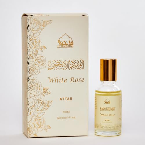 White Rose Attar Oil by Dukhni | Arabic perfume oils for men and women | 30ml Pure roll on perfume, Long lasting alcohol free scent | Eid, Ramadan, Umrah Gifts, Vegan Islamic Fragrances