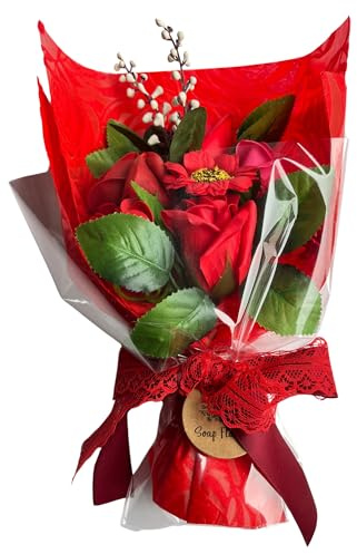 Handseife Blumenstrauß rot - Seifenblumen für Geburtstage - Blumen Geschenke für Frauen - Muttertagsblumen - Valentinsblumenstrauß für sie & Blumenstrauß für Ihre Lieben (Rot)