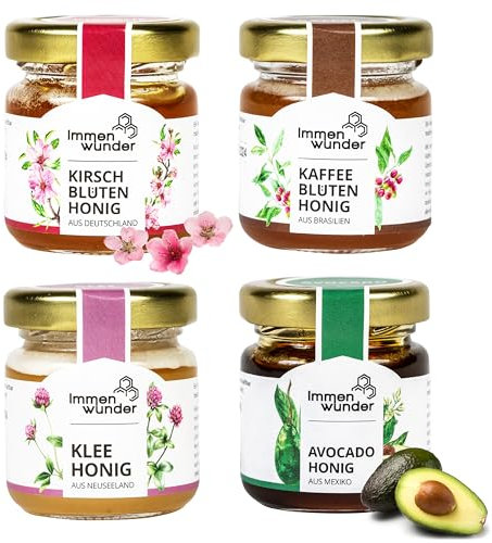 Immenwunder Honig Probierset Set Morgengruss, 4x50g Honige Avocadohonig, Kaffeeblütenhonig, Kirschblütenhonig & Kleehonig, ideale kleinigkeiten für Ostern, Geschenkideen