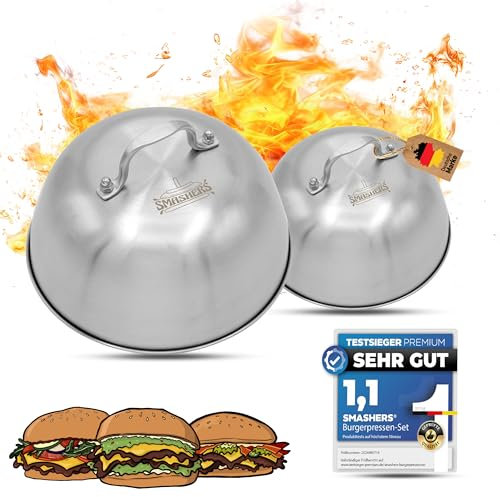 SMASHERS Burgerglocke 2er Set – Schmelzglocken aus Edelstahl für Smash Burger & BBQ | Grillzubehör für Gasgrill, Plancha & Grillplatte | Rostfreie Grillglocke/Burgerhaube