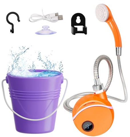 Editbar Douche de camping avec pompe – Douchette électrique portable avec batterie de 2200 mAh, douche d'extérieur eau chaude avec pommeau de douche et tuyau, affichage numérique, étanchéité IPX7