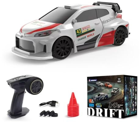 RCXTechPro 1:43 Scale RC Drift Car, 2.4G Full Proportional Remote Control Electric Racing Vehicle with LED Lights, 15KM/H High Speed RC Car, Gift for Adults (RTR/Rally Red)