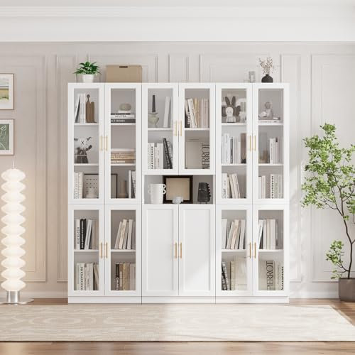 VOWNER Bücherregal mit Glastüren, 5-stöckiges Bücherregal mit Verstellbarem Regalboden, Modernes Großes Aufbewahrungsvitrinen-Set für Home Office, Wohnzimmer, Weiß(CDC)
