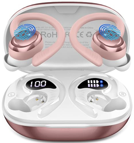 Auriculares Inalámbricos Deportivos, Auriculares Bluetooth 5.4 con 4 Mics, 50H Cascos Inalambricos Bluetooth HiFi Estéreo, IP7 Impermeable, Cascos Bluetooth con Cancelación de Ruido Pantalla LED