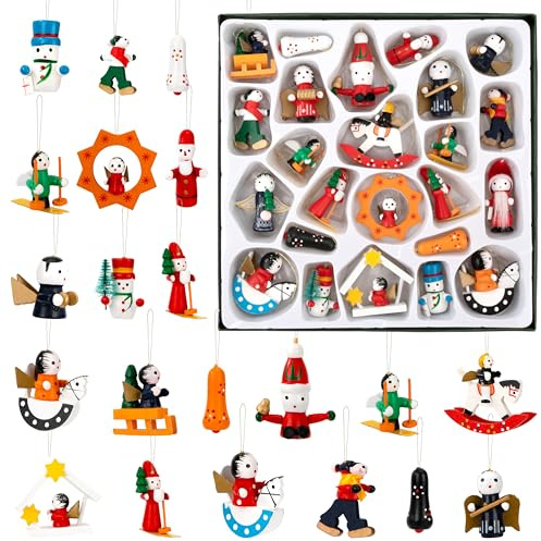 Wunderschöner Holz Baumbehang Weihnachtsanhänger, Holzfigur Anhänger bis zu 3-6 cm große Figuren, Weihnachtsbaum schmuck, Handbemalt Mini Puppe Ornamente, 24 Stücke