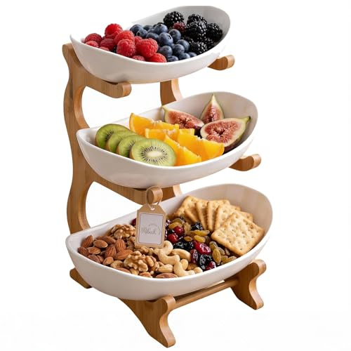 Soporte de Frutas de 3 Niveles con tres cuencos blancos de plástico grueso, Organizador de Cocina Elegante para Aperitivos y Decoración, Estructura Estable de Bambú