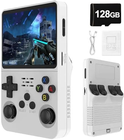 R36S Retro Portable Game Console De Jeux-3.5 IPS Écran, 21000 Jeux Classiques 3500mAh Batterie, Système Linux Portable Mini Console De Jeu-White||128G